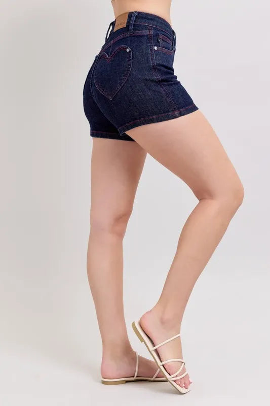 Judy Blue Heart Shaped Pkts & Red Contrast Thread Denim Shorts