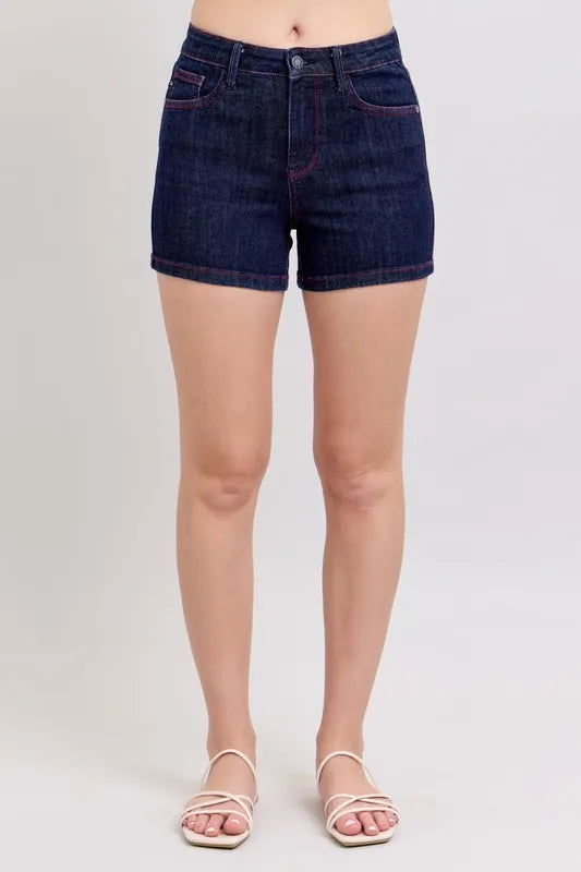 Judy Blue Heart Shaped Pkts & Red Contrast Thread Denim Shorts