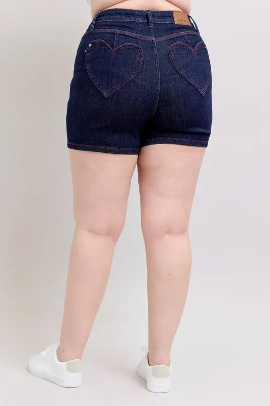 Judy Blue Heart Shaped Pkts & Red Contrast Thread Denim Shorts