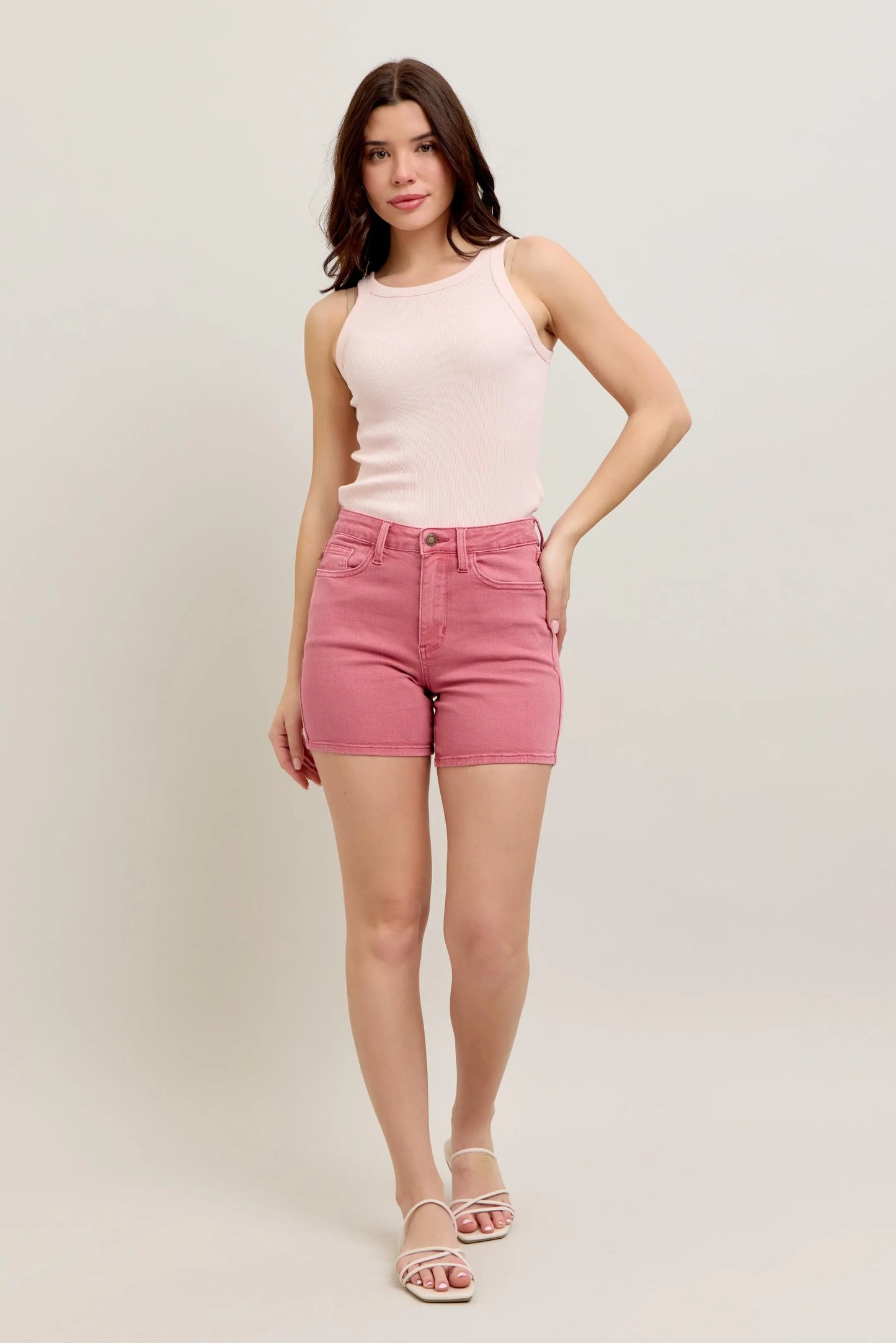 Judy Blue Pink Back High Waist Pocket Embroidery Shorts
