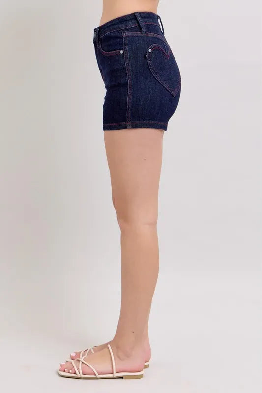 Judy Blue Heart Shaped Pkts & Red Contrast Thread Denim Shorts