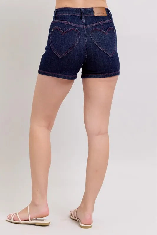 Judy Blue Heart Shaped Pkts & Red Contrast Thread Denim Shorts