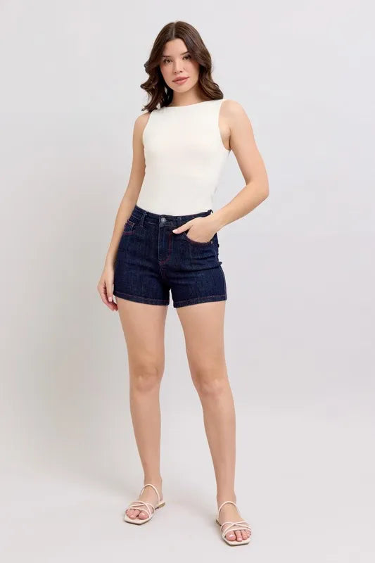 Judy Blue Heart Shaped Pkts & Red Contrast Thread Denim Shorts