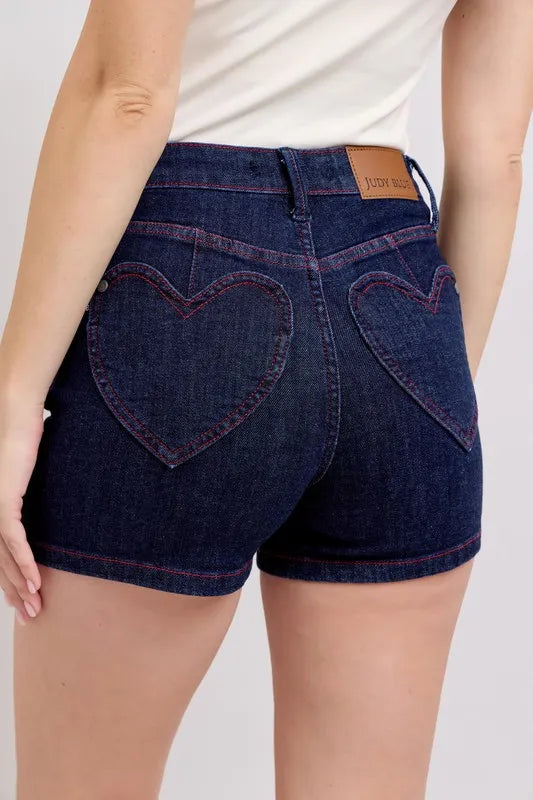 Judy Blue Heart Shaped Pkts & Red Contrast Thread Denim Shorts