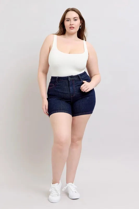 Judy Blue Heart Shaped Pkts & Red Contrast Thread Denim Shorts